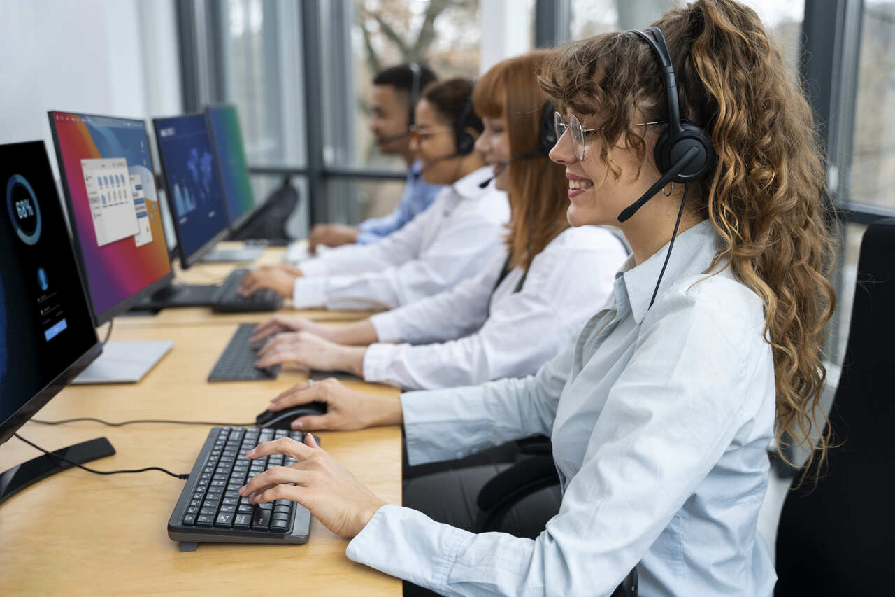 Atendentes de telemarketing trabalhando 