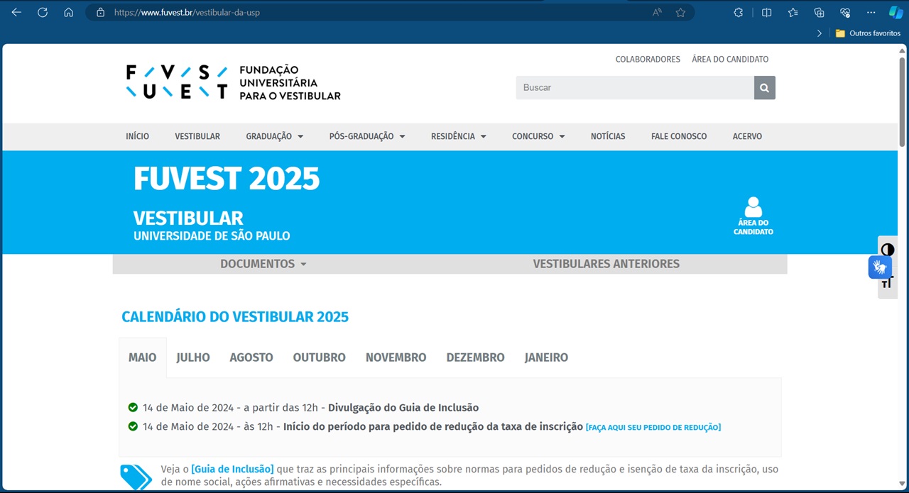 Portal Fuvest para inscrição do concurso da USP 