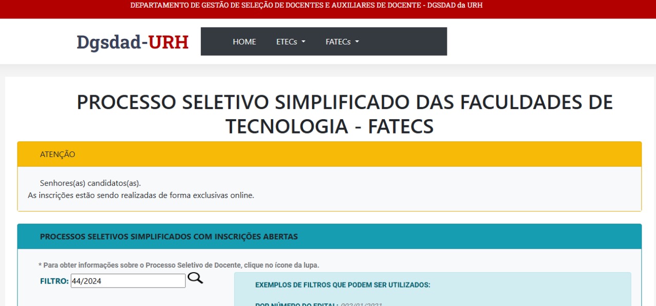 Página de inscrição do concurso FATEC para professores